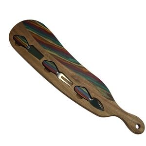 American Native Charcuterie Board Set Brown Rainbow Wood Inlay 4pc Serving Set